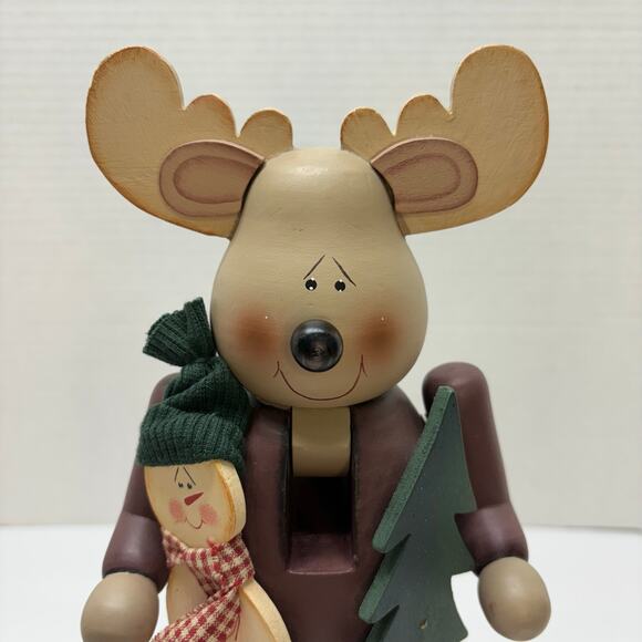 Wood Reindeer Nutcracker w/ Snowman & Tree Signed 2001 Folk Art Christmas Décor - Picture 5 of 8